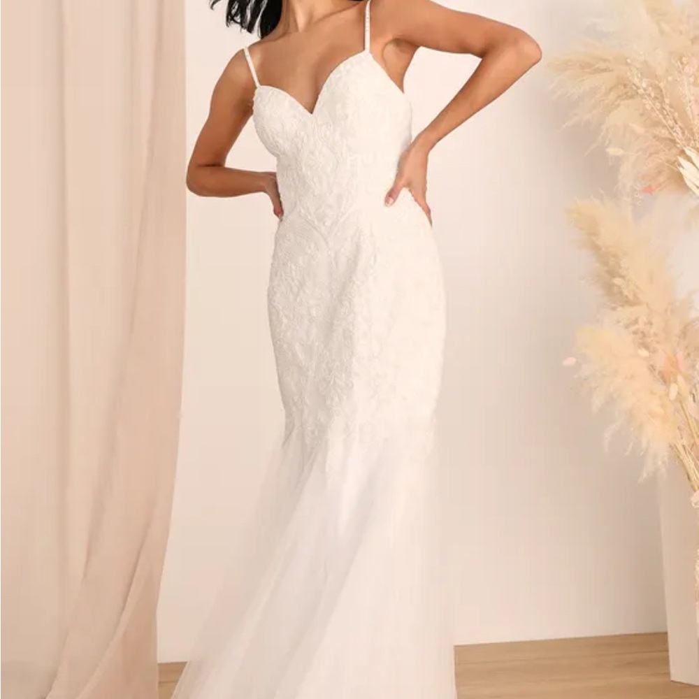 Brand new w/tags- Dream Romance White Beaded Tulle Trumpet Maxi Dress